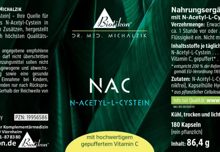 Hochwertiges NAC (N-Acetyl-L-Cystein) von BiotiKon, 180 vegane Kapseln. Tägliche Verzehrmenge beachten für optimale nac wirkung.
