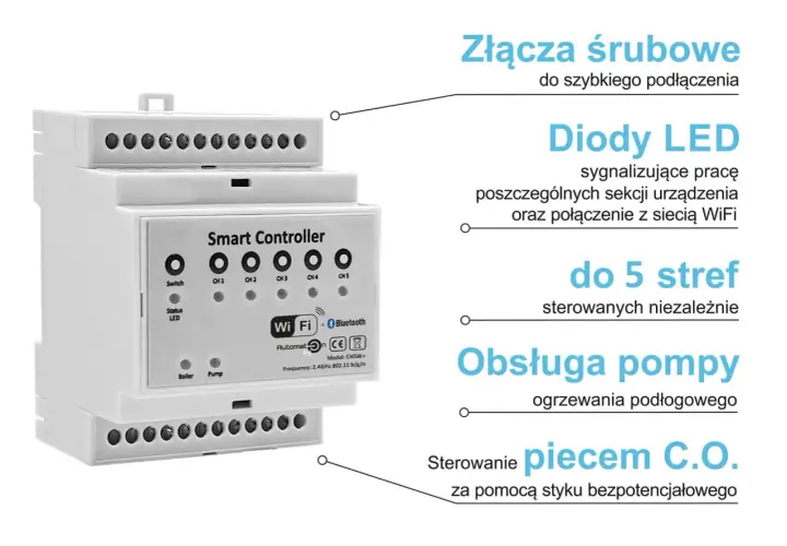 Inteligentny sterownik do ogrzewania podłogowego, obsługuje do 5 stref i piec C.O.