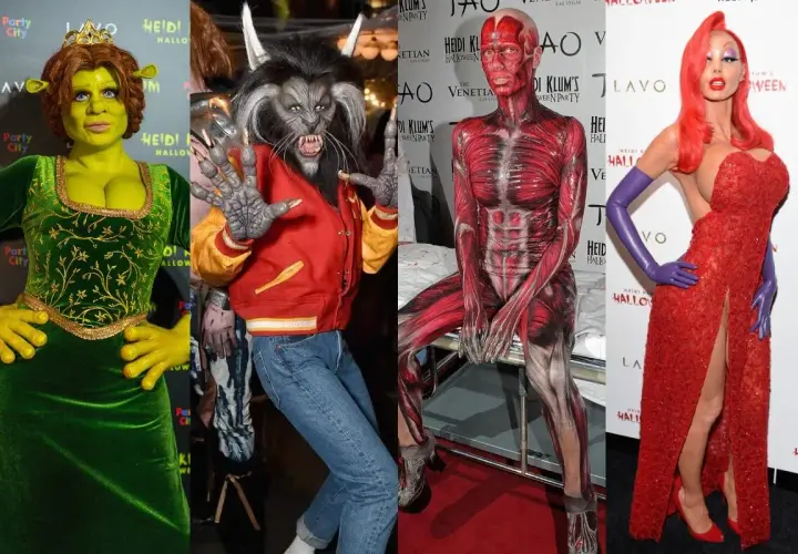 Kolekcja niesamowitych kostiumów Heidi Klum na Halloween: Shrek, wilkołak, anatomia i Jessica Rabbit.