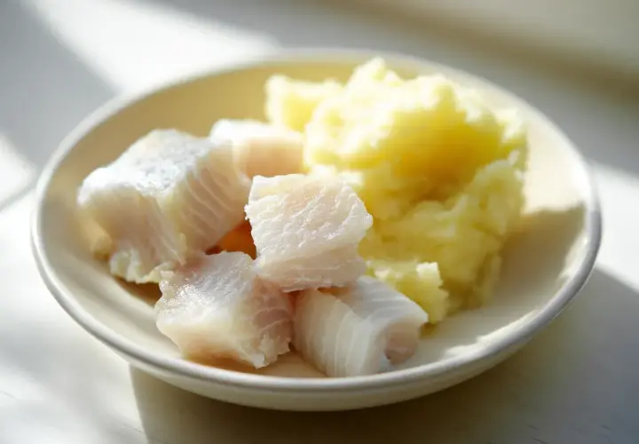 En tallrik med fiskbitar och potatismos, perfekt som mat till 1-åring recept.