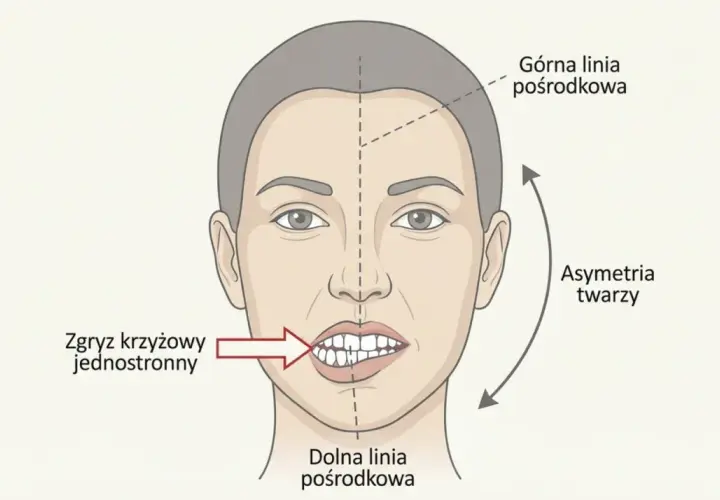 Ilustracja twarzy z zaznaczonym zgryzem krzyżowym jednostronnym i asymetrią twarzy.