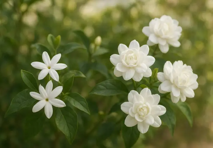 Fleurs blanches de jasmin épanouies sur une plantation luxuriante. Le parfum doux embaume l'air.
