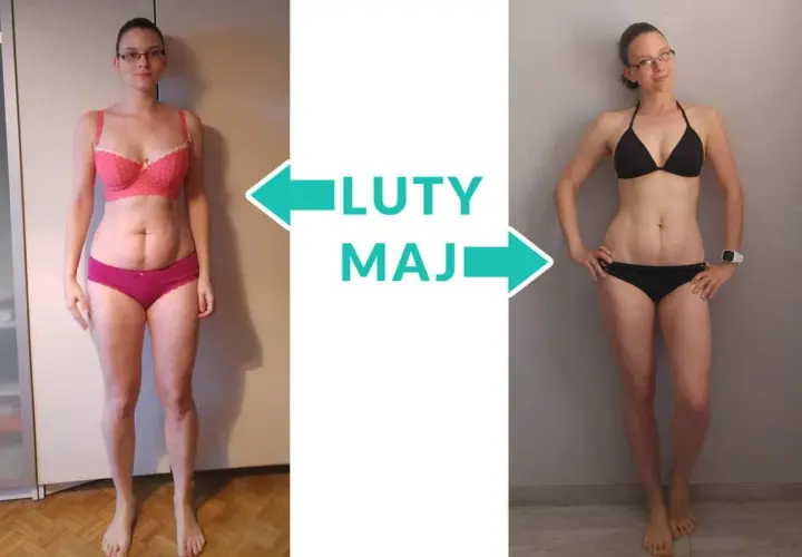Od lutego do maja: od masy do redukcji. Kobieta w bieliźnie pokazuje przemianę sylwetki.