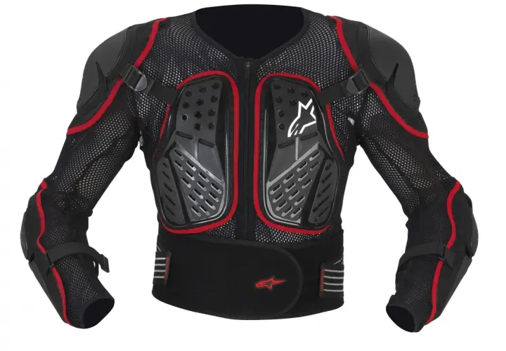 Czarna kurtka ochronna Alpinestars Bionic Plus z czerwonymi akcentami, siatkowymi rękawami i ochraniaczami.