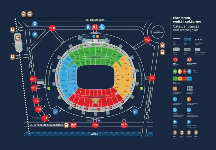 Plan bram, wejść i sektorów Stadionu Narodowego. Sprawdź, co można wnieść na stadion, gdzie są wejścia i parkingi.
