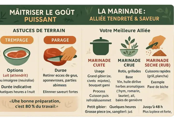 La marinade, alliée du sanglier, propose des méthodes cuites, crues ou sèches. Le vin est une base pour la marinade crue.