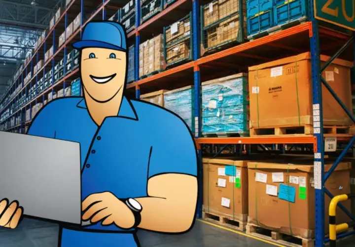 Ein freundlicher Mitarbeiter mit Laptop im Lager, der die **Logistik Kommissionierung** optimiert.