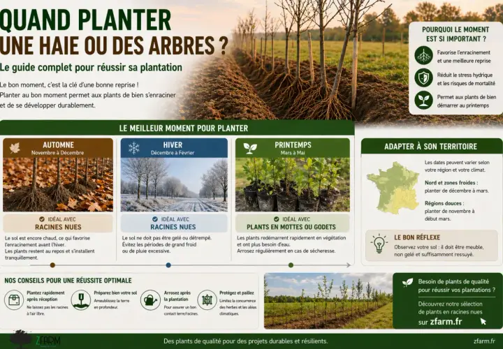 Le calendrier plantation arbre idéal : automne pour racines nues, hiver pour racines nues, printemps pour mottes. Adaptez selon votre région.
