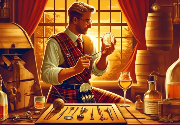 Mężczyzna w szkockiej spódnicy ocenia próbkę whisky, która może mieć objawy przesycenia dębem: zbyt gorzki i ściągający finisz.