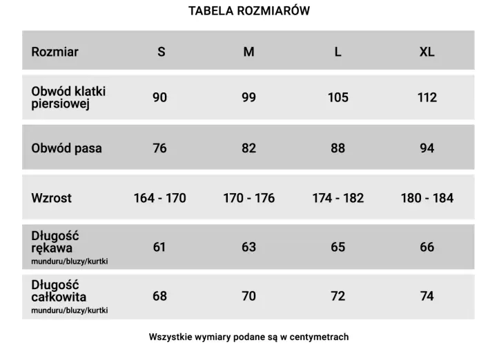 Tabela rozmiarów wojskowych: obwód klatki, pasa, wzrost, długość rękawa i całkowita dla rozmiarów S, M, L, XL.