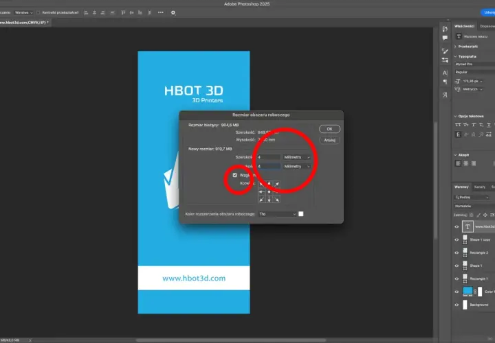 Okno dialogowe "Rozmiar obszaru roboczego" w Photoshop, pokazujące jak dodać obszar roboczy, z zaznaczonymi polami do wpisania wymiarów w milimetrach.
