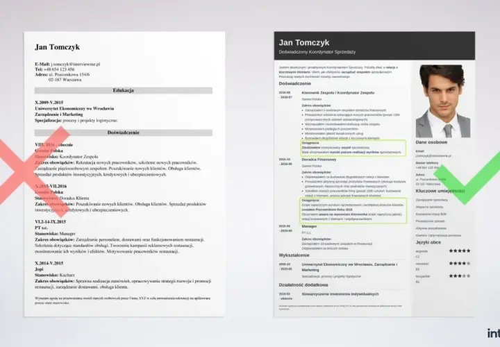 CV Jana Tomczyka, doświadczonego koordynatora sprzedaży, pokazuje, jak powinno wyglądać CV z jasnym podziałem na doświadczenie, edukację i kluczowe umiejętności.