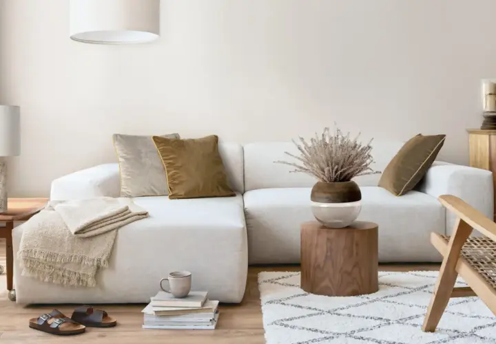 Przytulny salon boho z jasną sofą, drewnianymi meblami i naturalnymi dodatkami.