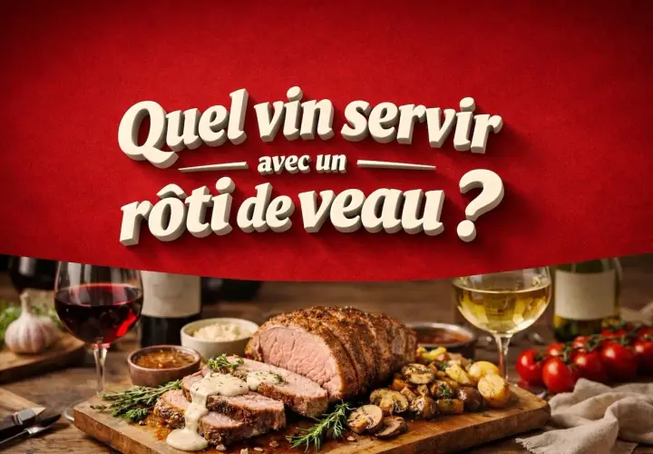 Un délicieux rôti de veau, accompagné de pommes de terre et de champignons, prêt à être dégusté avec un verre de vin.