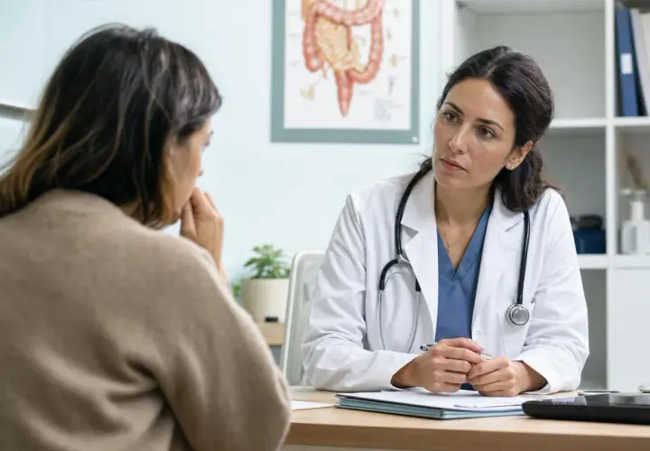 Paziente preoccupata parla con medico di problemi intestinali, come non andare di corpo.