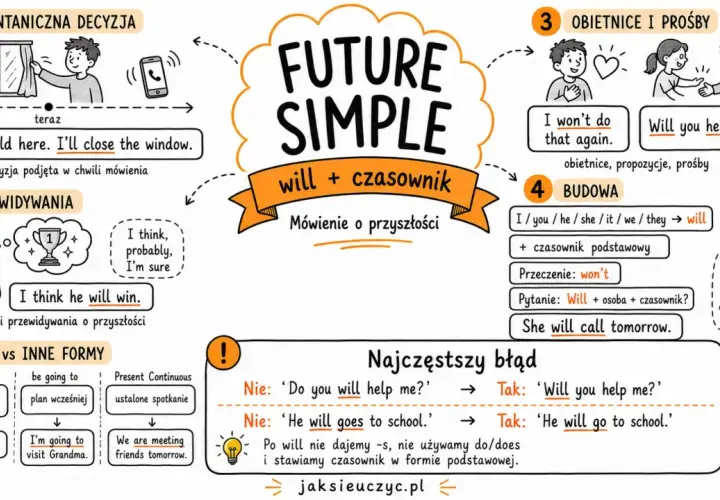 Infografika o czasach przyszłych w języku angielskim (Future Simple): spontaniczne decyzje, przewidywania, obietnice, budowa i błędy.