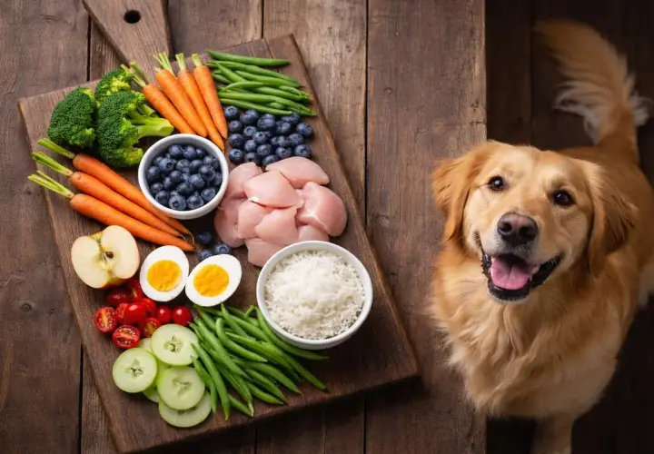 Un golden retriever sonríe junto a una tabla con ingredientes frescos: pollo, arroz, verduras y frutas. ¡Así se ve la comida que comen los perros!