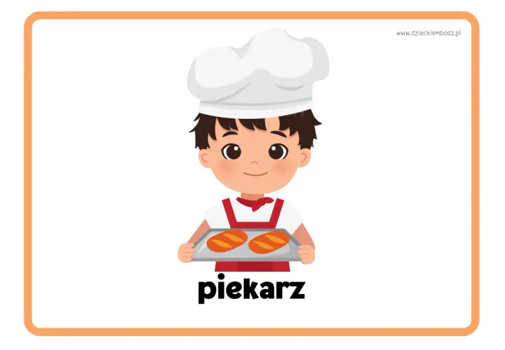 Chłopiec w czepku kucharskim trzyma tacę z dwoma bochenkami chleba. To karta pracy "Od ziarenka do bochenka", przedstawiająca piekarza.