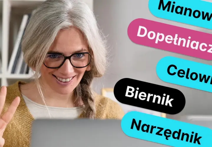 Kobieta z okularami uśmiecha się, pokazując trzy palce. Obok niej kolorowe napisy: Mianownik, Dopełniacz, Celownik, Biernik, Narzędnik. To pytania o przypadki.
