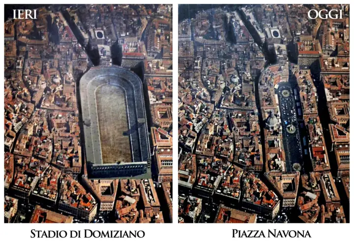Confronto tra lo Stadio di Domiziano e l'odierna Piazza Navona, Roma.