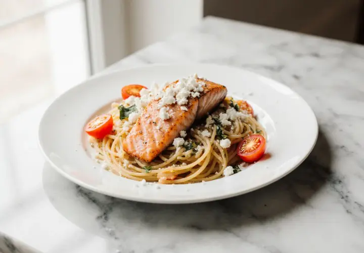 Pyszny łosoś z airfryer na makaronie spaghetti z pomidorkami i fetą.
