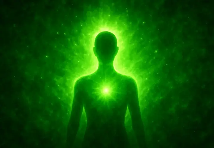 Silueta humana rodeada de energía verde brillante, simbolizando el color verde significado espiritual de sanación y crecimiento.