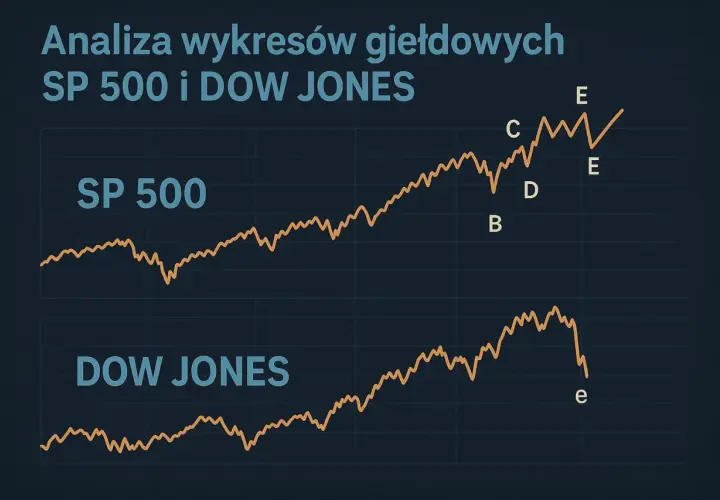 Giełda amerykańska prognozy: wykresy SP 500 i Dow Jones pokazują zmienność. Analiza punktów B, C, D, E i e.
