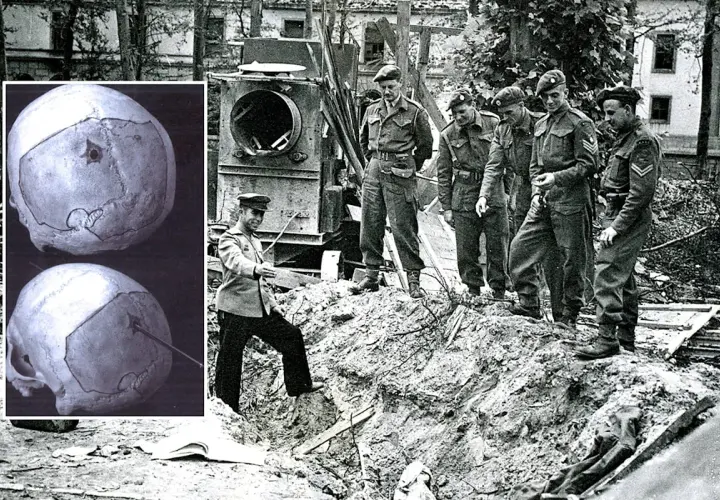 Schädeluntersuchung zur Klärung der adolf hitler todesursache. Britische Soldaten inspizieren eine Ausgrabungsstätte.