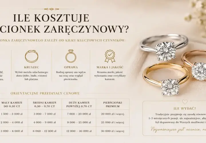 Ile powinien kosztować pierścionek zaręczynowy? Tabela cenowa uwzględnia kamień, kruszec i oprawę, pokazując, że cena zależy od wielu czynników.
