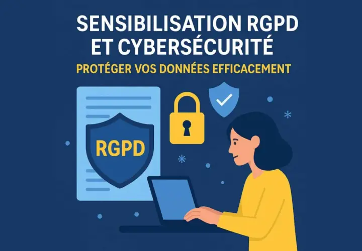 Sensibilisation RGPD et cybersécurité : une définition pour protéger vos données. Icônes de cadenas, bouclier et personne sur ordinateur.