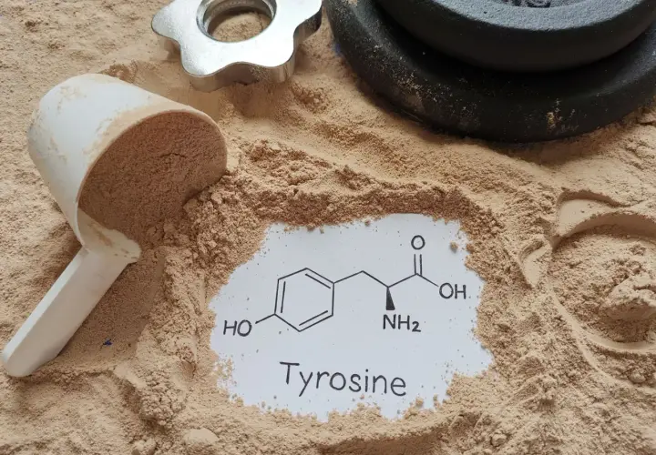 Proszek proteinowy, miarka i ciężarki. Na białej kartce wzór chemiczny i napis "Tyrosine". Tyrozyna co to? Aminokwas wspierający trening.