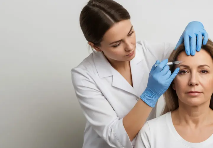 En kvinna får botox i pannan av en sköterska. Kanske för att dölja spåren av för mycket alkohol och sena nätter.