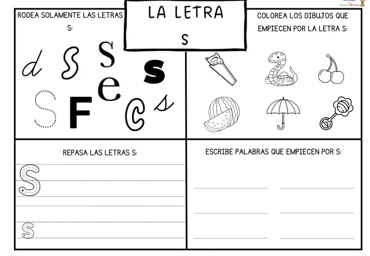 Fichas letra s para imprimir: rodea, colorea y repasa la letra S. Incluye dibujos de serpiente, sandía y paraguas.