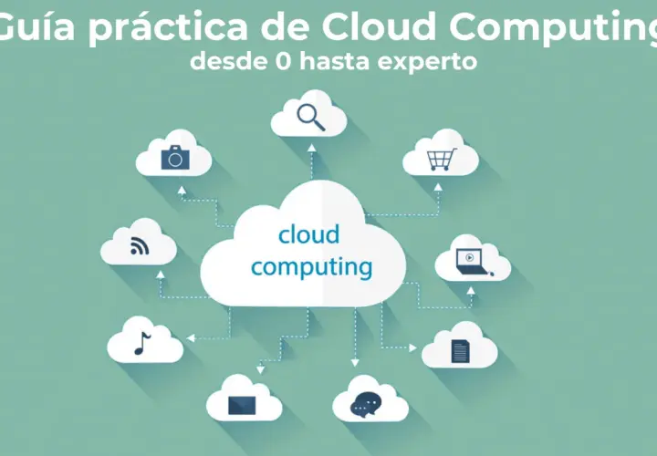 Ilustración que explica qué es cloud computing, con una nube central conectada a otras nubes con iconos de cámara, carrito, portátil, documento, chat, nota musical y wifi.