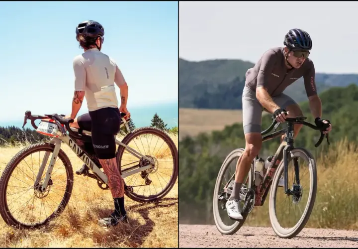 Two cyclists, one on a Canyon Grail, the other on a Canyon Grizl, conquer diverse terrains.