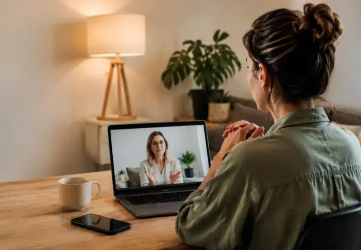 Donna in videochiamata con terapeuta, affronta la sua rejection sensitive dysphoria. Sul tavolo, tazza e smartphone.