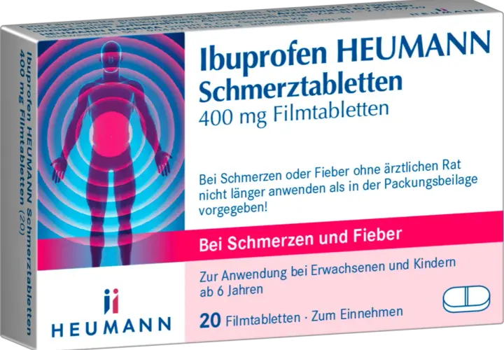 Ibuprofen HEUMANN Schmerztabletten 400 mg. Für Schmerzen und Fieber bei Erwachsenen und Kindern ab 6 Jahren. Stillzeit beachten.