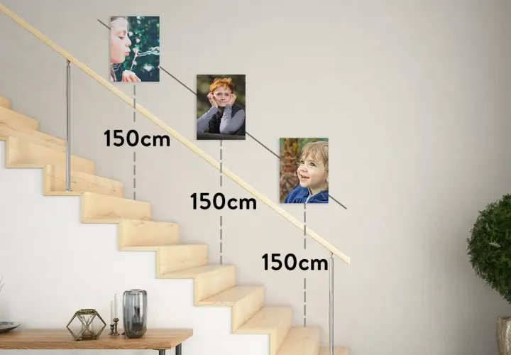 Tre tavlor med barn placerade längs en trappa, med måttangivelser på 150 cm.