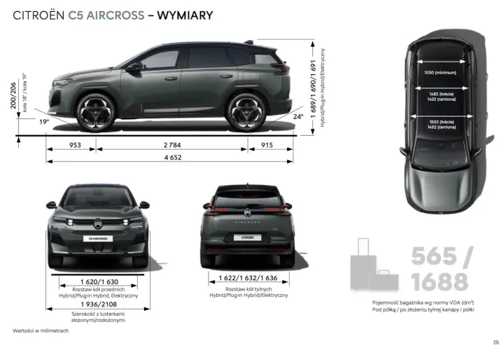 Citroën C5 Aircross wymiary: długość 4652 mm, rozstaw osi 2784 mm, wysokość 1690 mm. Bagażnik 565/1688 dm³.