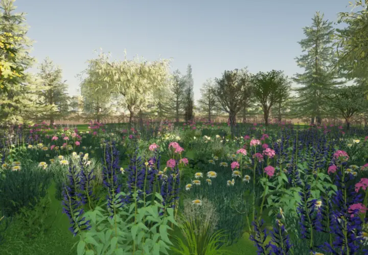 Un rigoglioso prato di fiori selvatici, con campanule viola, margherite bianche e fiori rosa, circondato da alberi verdi e un cielo azzurro.