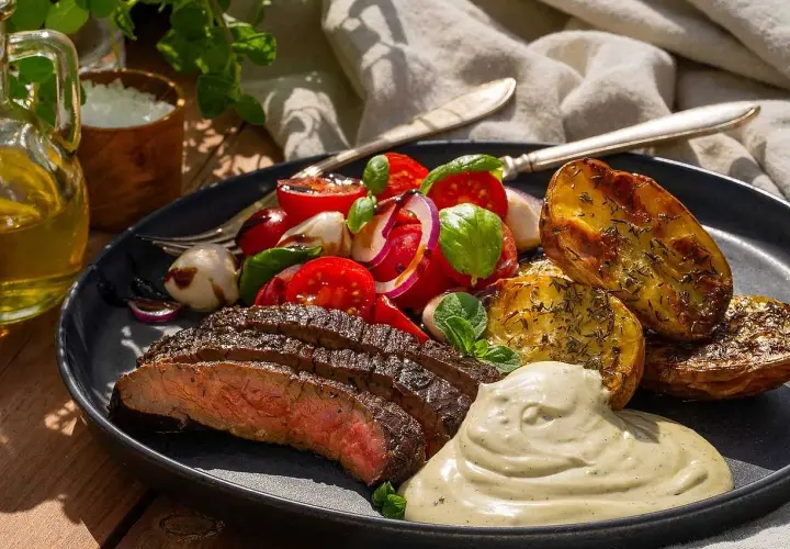 Perfekt stekt flankstek med klyftpotatis, tomatsallad och en krämig sås. En härlig måltid att njuta av utomhus.