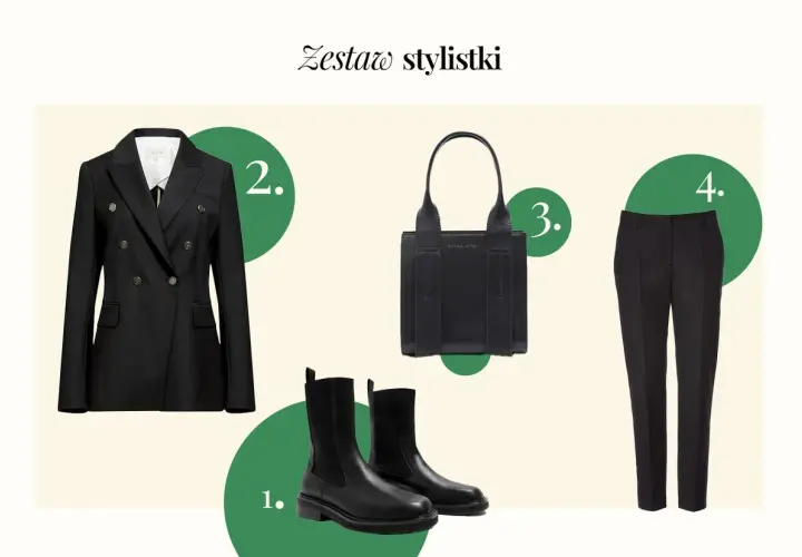 Elegancki czarny garnitur damski stylizacje: dwurzędowa marynarka, spodnie, botki i torebka. Idealny zestaw na co dzień i do pracy.