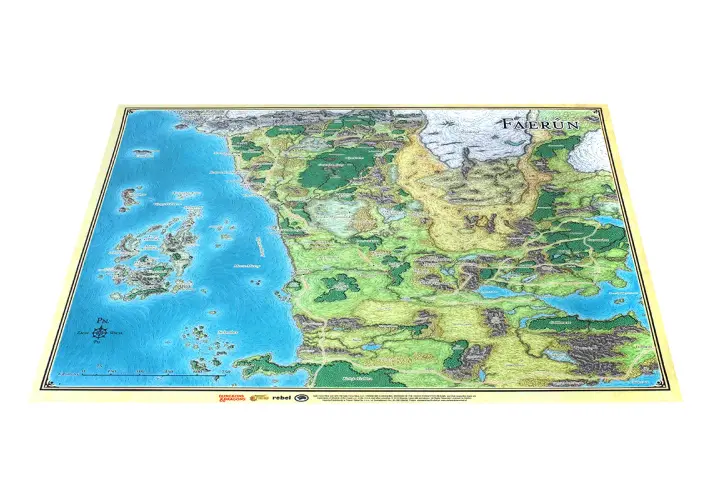 Mapa Faerûnu, krainy z zapomnianych światów, z wyspami, morzem i lądami pełnymi zieleni i gór.