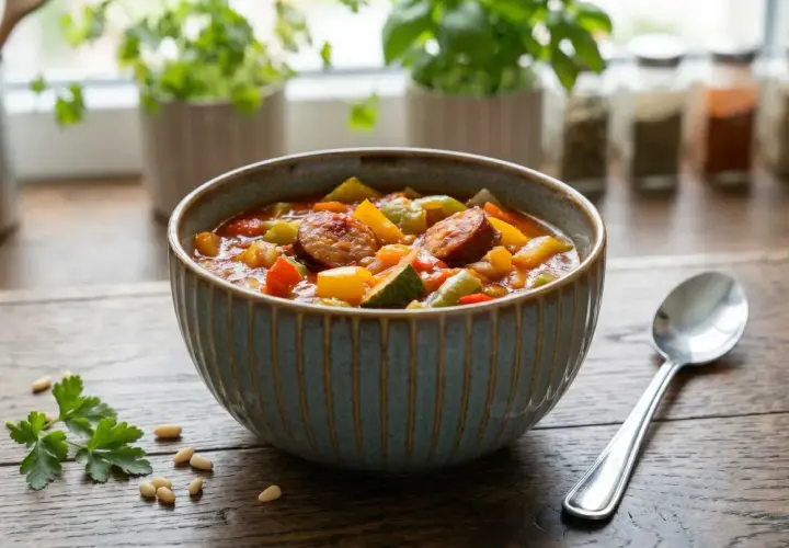 Aromaticzne leczo z cukinii z kiełbasą i papryką w misce, obok łyżka i gałązka natki.