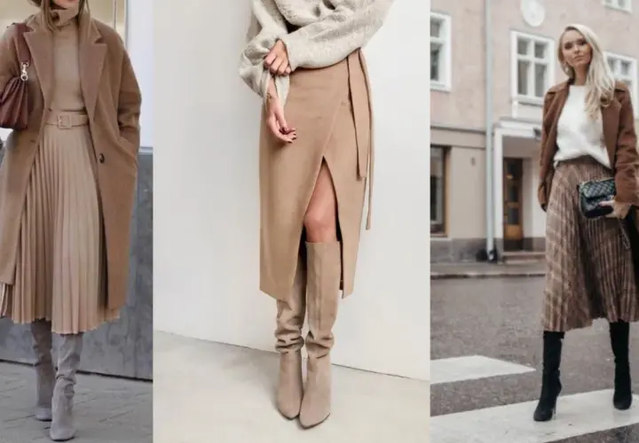 Eleganckie jesienne stylizacje ze spódnicą: beżowa plisowana, z rozcięciem i w kratę.