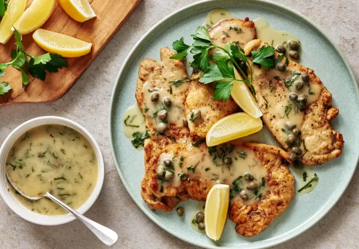Délicieux piccata de poulet, nappé d'une sauce crémeuse aux câpres et garni de persil frais et de quartiers de citron.