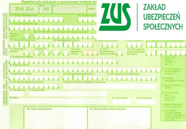 Formularz ZUS ZLA, który określa, ile można być na L4, z logo ZUS.