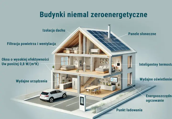 Projekt domu zeroenergetycznego: przekrój pokazuje izolację, panele słoneczne, energooszczędne okna i ogrzewanie.