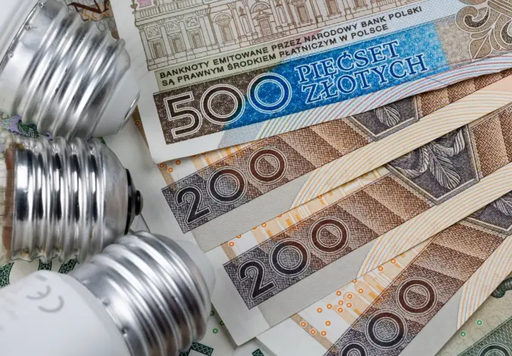 Żarówki na stosie polskich banknotów. Zastanawiasz się, ile kosztuje kilowat prądu?