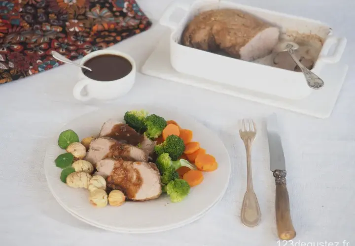 Tranches de filet mignon, accompagnées de légumes verts et de carottes, nappées d'une sauce savoureuse. La cuisson parfaite du filet mignon est mise en valeur.
